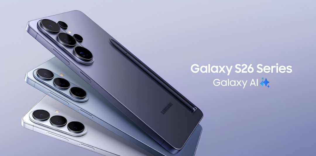 Promotional image of Galaxy S26 Series phones with an S Pen, stacked in purple and silver hues.