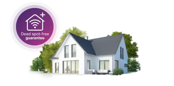 House illustration with a purple circular badge reading 'Dead spot-free guarantee,' signaling guaranteed Wi‑Fi coverage at home.