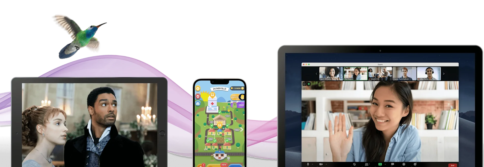 Collage of a tablet, smartphone, and laptop showing video calls and apps, with a hummingbird and purple abstract shapes in the background.