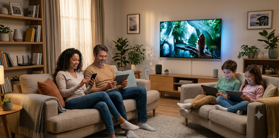 Family of four lounging on sofas in a cozy living room, each person using a tablet or phone while a TV shows nature in the background.